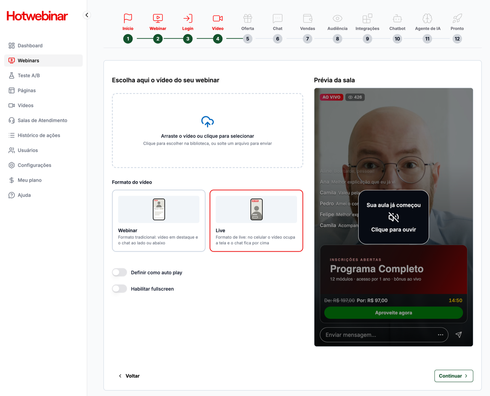Passo Vídeo com o formato Live selecionado e a prévia da sala Live à direita