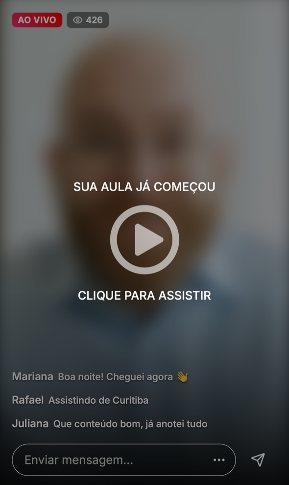 Sala Live no celular antes do play, com Sua aula já começou e Clique para assistir
