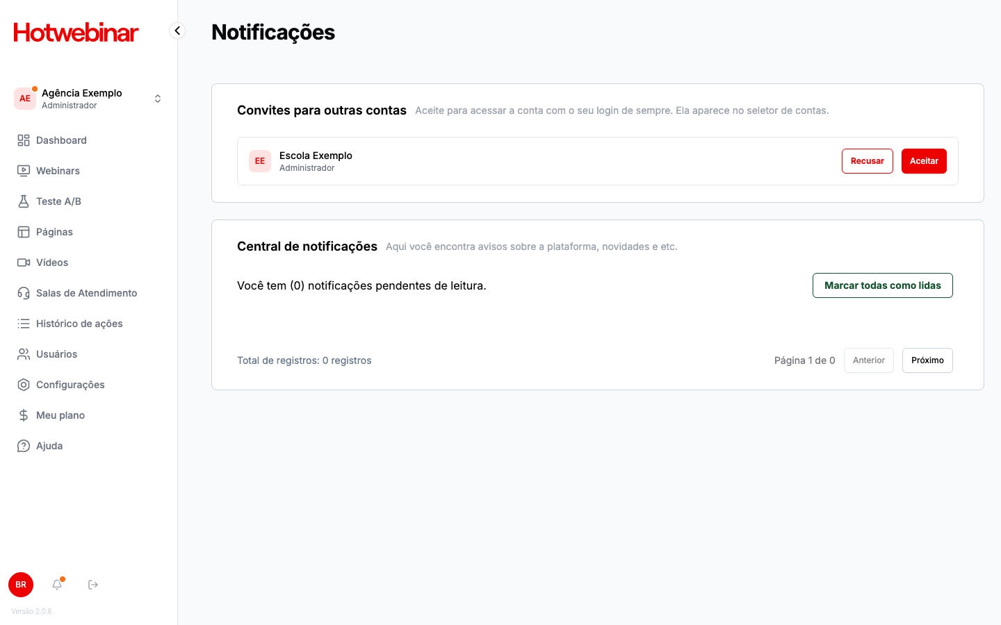 Tela de Notificações com o convite para outra conta