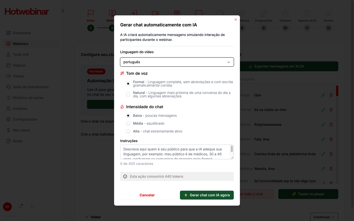 Janela Gerar chat automaticamente com IA, com tom de voz, intensidade e instruções