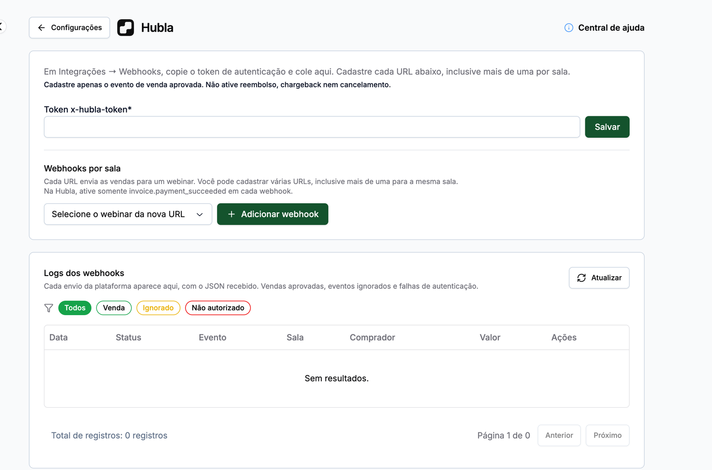 A tela da Hubla em Configurações → Checkouts