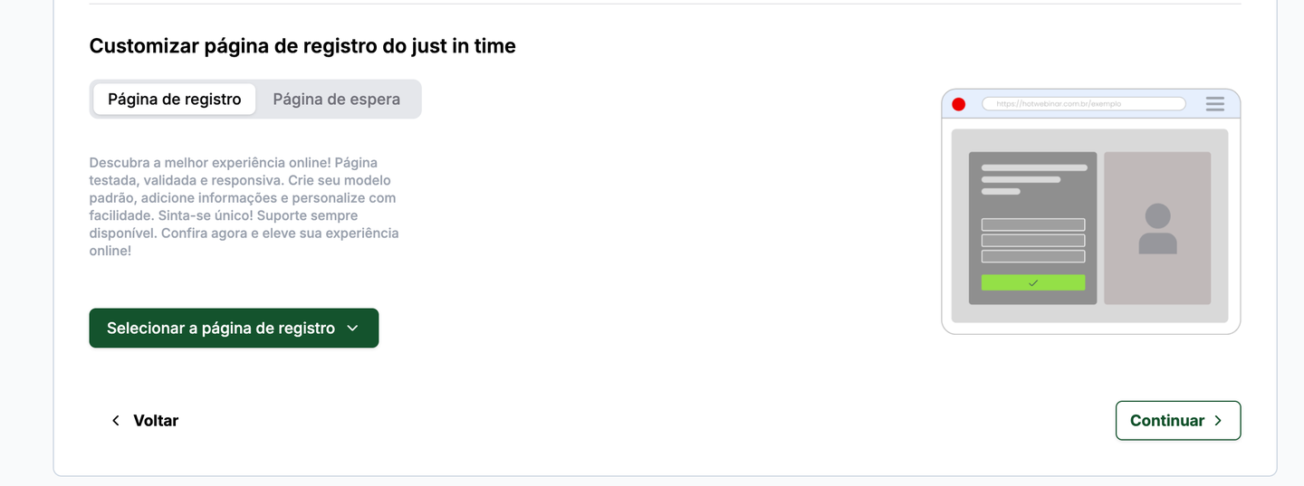 Seção Customizar página de registro do just in time