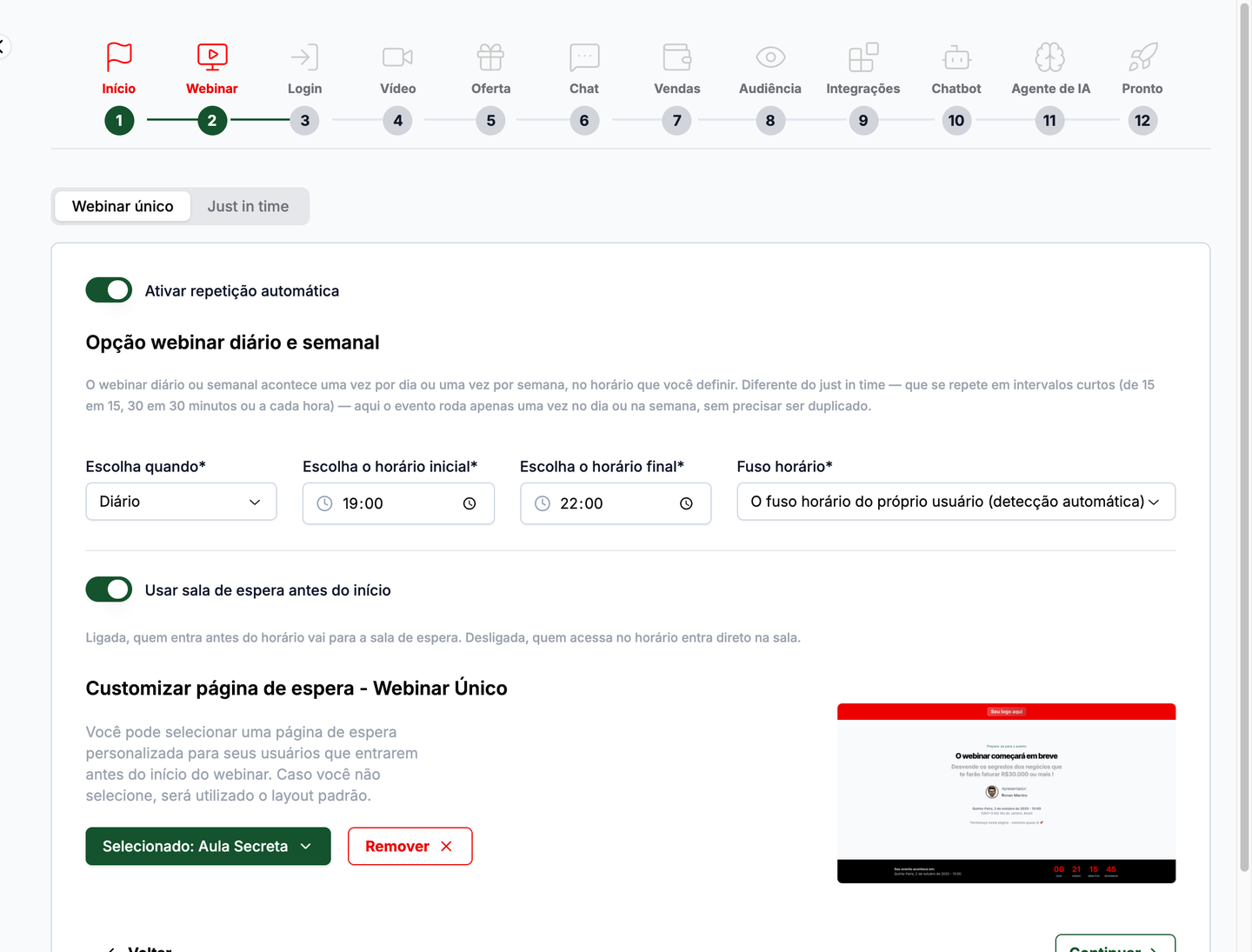 Aba Webinar único com repetição automática, horários e fuso