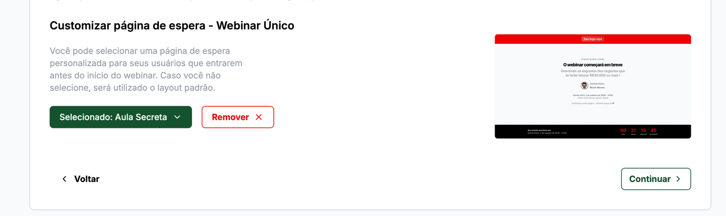 Seção Customizar página de espera do webinar único, com a prévia à direita