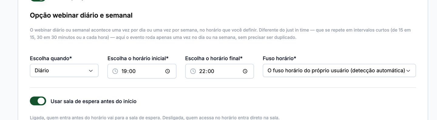 Aba Webinar único com repetição automática, dias, horários e fuso